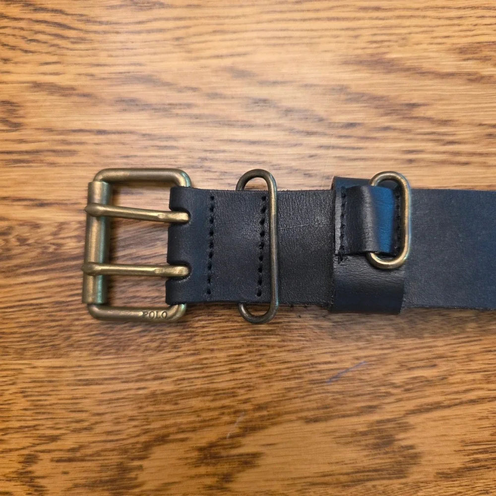 Polo Ralph Lauren Mens Sz 32 Black Leather Double Prong Brass Roller Buckle Belt